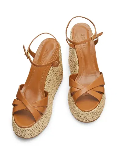 Schutz Women's Keefa 120MM Leather-Raffia Wedge Sandals - Burnt Honey - Size 11 | Thumbnail 4