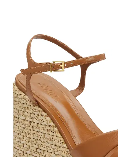 Schutz Women's Keefa 120MM Leather-Raffia Wedge Sandals - Burnt Honey - Size 11 | Thumbnail 5