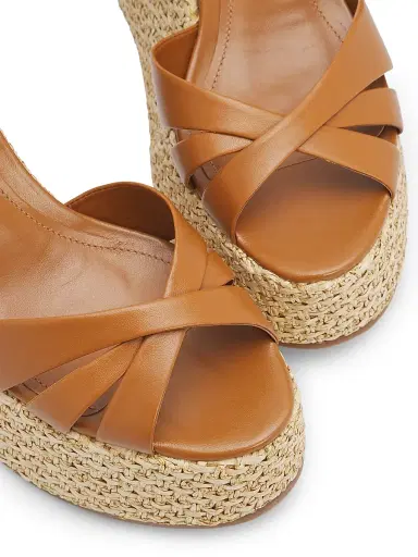 Schutz Women's Keefa 120MM Leather-Raffia Wedge Sandals - Burnt Honey - Size 11 | Thumbnail 6