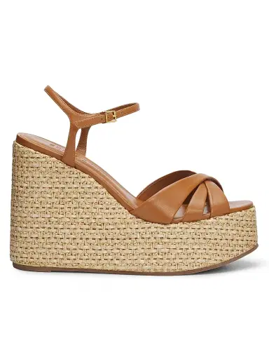 Schutz Women's Keefa 120MM Leather-Raffia Wedge Sandals - Burnt Honey - Size 11 | Thumbnail 1