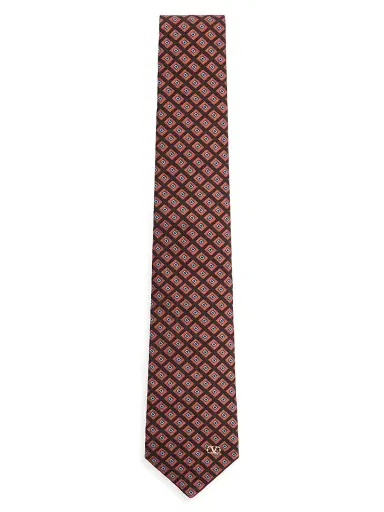 Valentino Garavani Men's Valentie Jacquard Cotton Tie with Chamber Pattern and Vlogo Signature Detail - Orange Black | Thumbnail 1