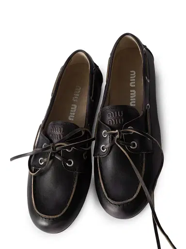 Miu Miu Women's Unlined Bleached Leather Boat Shoes - Black | Thumbnail 2 Miu Miu Women's Unlined Bleached Leather Boat Shoes - Black | Thumbnail 2