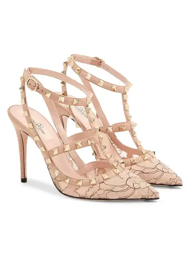 Valentino Garavani Women's Rockstud 100MM Lace Pumps with Straps - Beige - Size 5 | Thumbnail 2 Valentino Garavani Women's Rockstud 100MM Lace Pumps with Straps - Beige - Size 5 | Thumbnail 2
