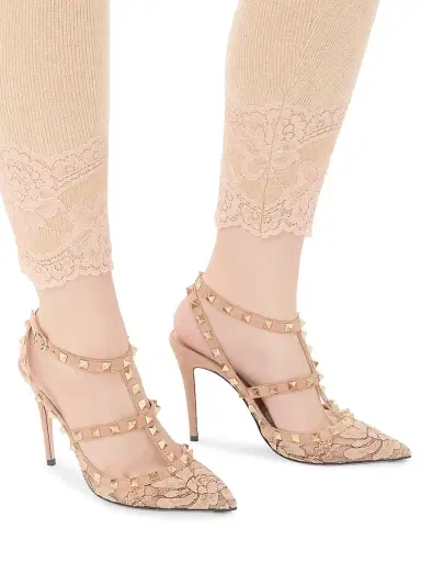Valentino Garavani Women's Rockstud 100MM Lace Pumps with Straps - Beige - Size 5 | Thumbnail 7 Valentino Garavani Women's Rockstud 100MM Lace Pumps with Straps - Beige - Size 5 | Thumbnail 7