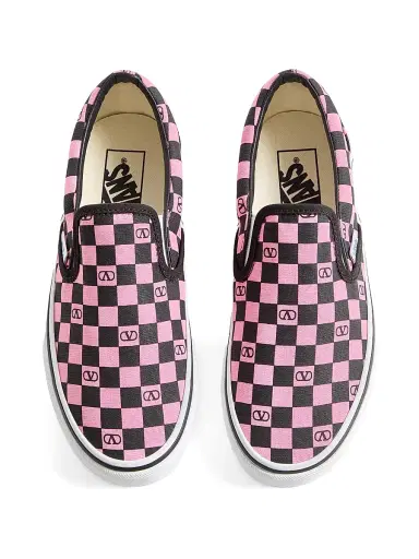 Valentino Garavani Women's and Vans Slip-On Sneakers in Fabric with VLogo Checkerboard Print - Pink Orchid Black | Thumbnail 4