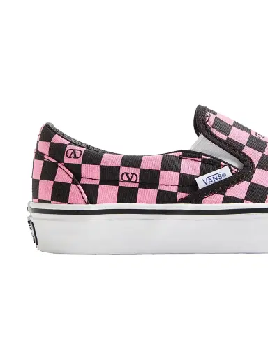 Valentino Garavani Women's and Vans Slip-On Sneakers in Fabric with VLogo Checkerboard Print - Pink Orchid Black | Thumbnail 6
