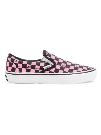 Valentino Garavani Women's and Vans Slip-On Sneakers in Fabric with VLogo Checkerboard Print - Pink Orchid Black | Thumbnail 1