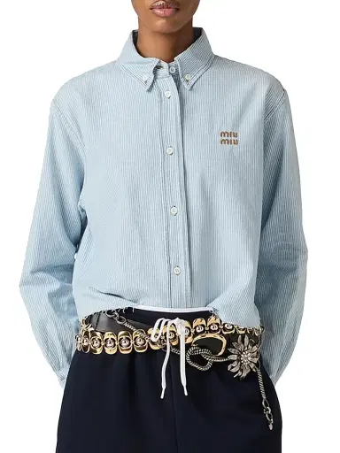 Miu Miu Women's Striped Chambray Shirt - Blue | Thumbnail 2