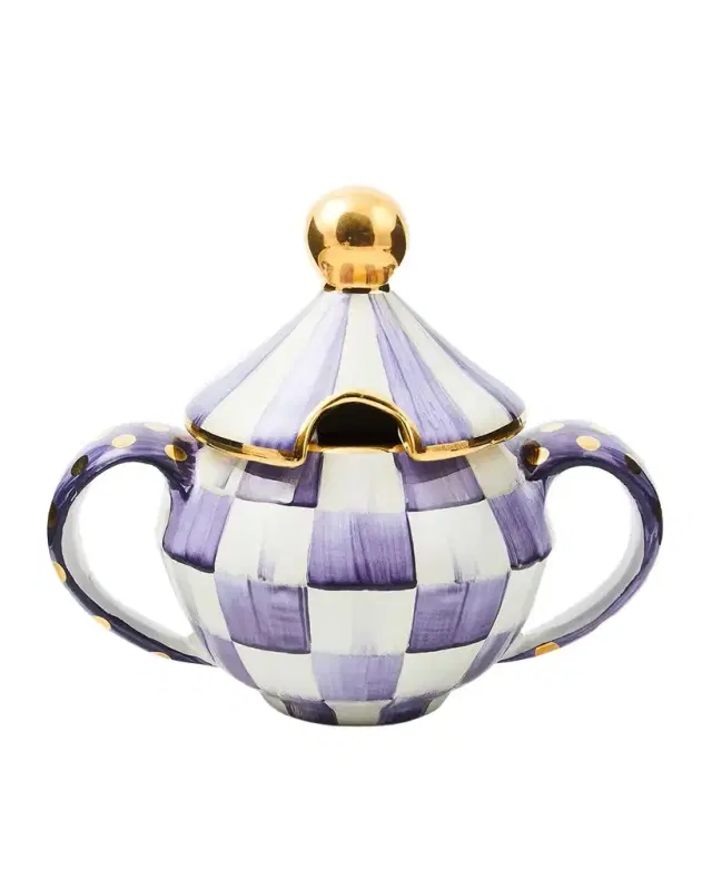 MacKenzie-Childs Violet Check Ceramic Sugar Bowl with Lid