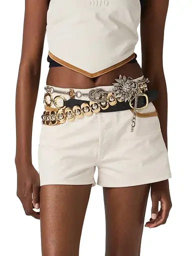 Miu Miu Women's Denim and Leather Shorts - White - Size 27 | Thumbnail 2