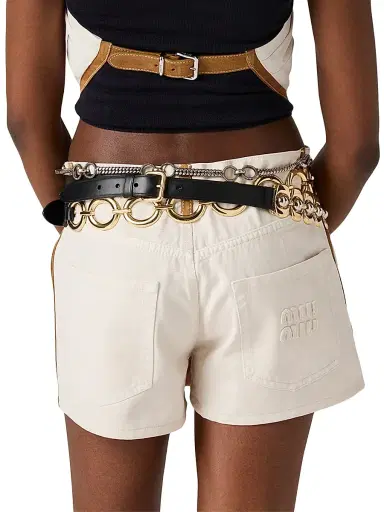 Miu Miu Women's Denim and Leather Shorts - White - Size 27 | Thumbnail 3