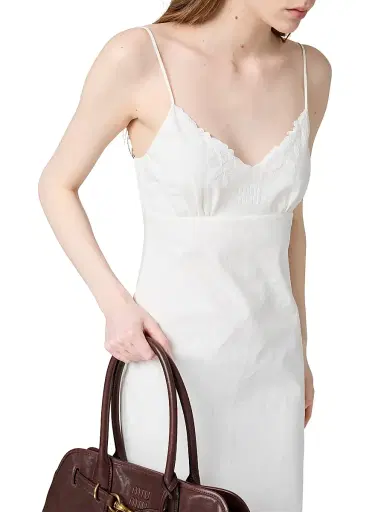 Miu Miu Women's Embroidered Slubbed Canvas Maxi-Dress - Beige Khaki | Thumbnail 5