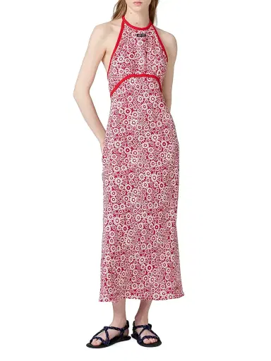 Miu Miu Women's Long Floral Print Crepe De Chine Dress - Red - Size 8 | Thumbnail 2