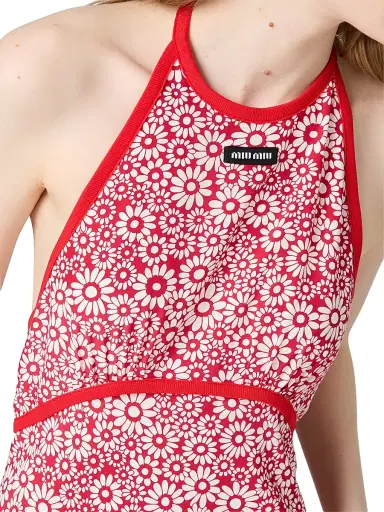 Miu Miu Women's Long Floral Print Crepe De Chine Dress - Red - Size 8 | Thumbnail 6