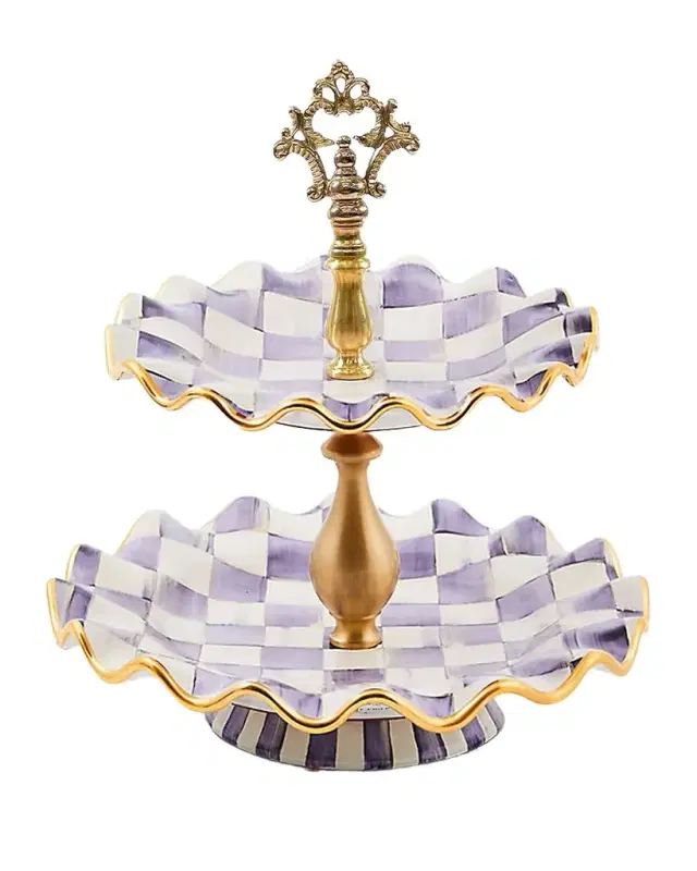 MacKenzie-Childs Violet Check Fluted Ceramic Two-Tier Sweet Stand