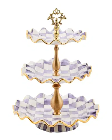 MacKenzie-Childs Violet Check Fluted Ceramic Three-Tier Sweet Stand | Thumbnail 1 MacKenzie-Childs Violet Check Fluted Ceramic Three-Tier Sweet Stand | Thumbnail 1