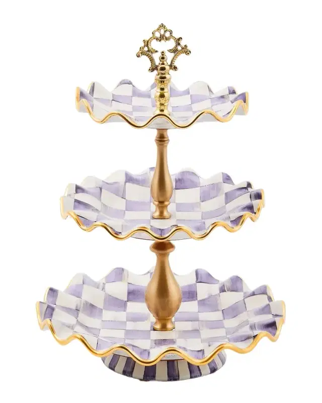 MacKenzie-Childs Violet Check Fluted Ceramic Three-Tier Sweet Stand