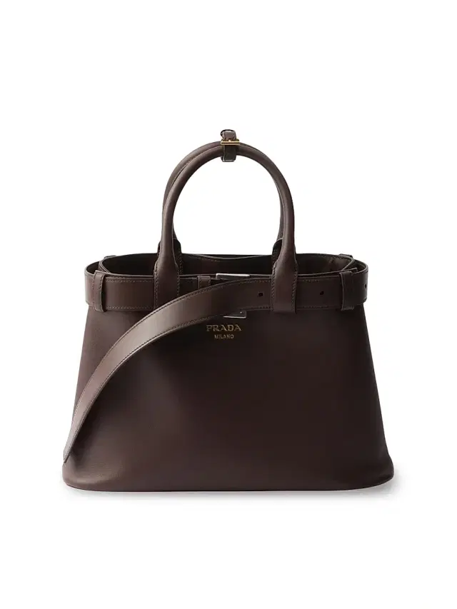 Prada Women's Buckle  Leather Top Handle Bag with Belt - Dark Brown