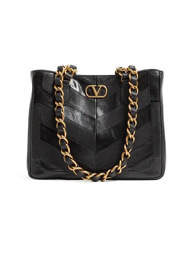 Valentino Garavani Women's Laseine  Shopping Bag in Chevron-Patterned Nappa Leather - Black