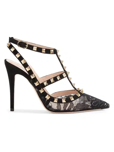 Valentino Garavani Women's Rockstud 100MM Lace Pump with Straps - Black - Size 10.5 | Thumbnail 1