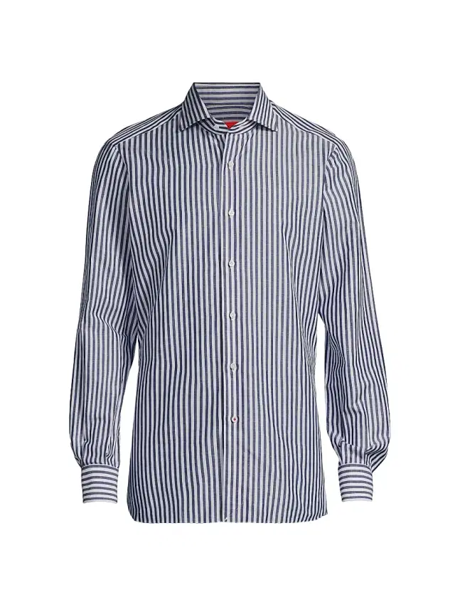 Men's Striped Cotton-Linen Button-Up Shirt - White Blue