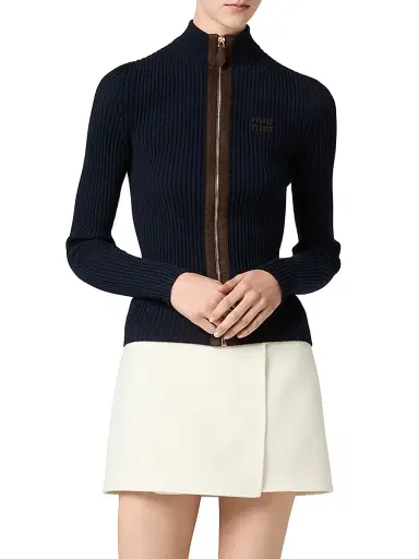 Miu Miu Women's Cashmere and Leather Zipper Cardigan - Blue | Thumbnail 2