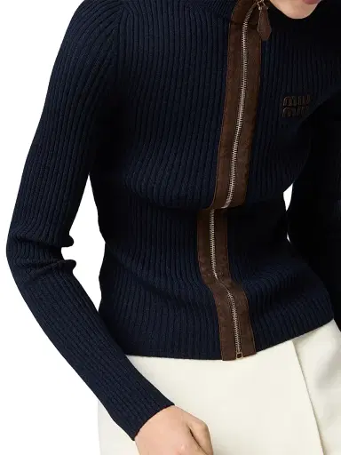 Miu Miu Women's Cashmere and Leather Zipper Cardigan - Blue | Thumbnail 5