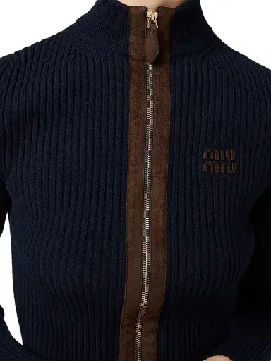 Miu Miu Women's Cashmere and Leather Zipper Cardigan - Blue | Thumbnail 6