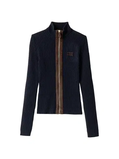 Miu Miu Women's Cashmere and Leather Zipper Cardigan - Blue | Thumbnail 1