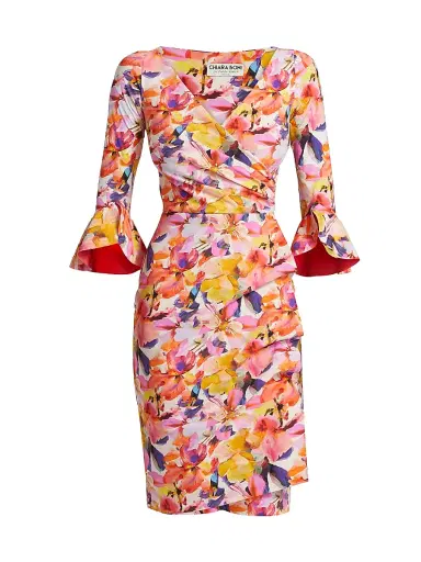 Chiara Boni La Petite Robe Women's Triana Floral Stretch Bell-Sleeve Knee-Length Dress | Thumbnail 1