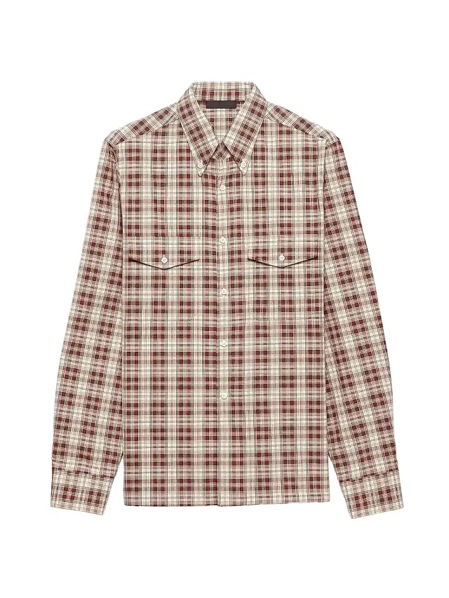 Men's Checked Cotton Button-Down Shirt - Beige Khaki