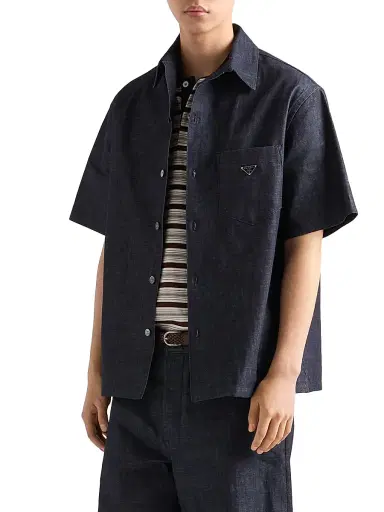Prada Men's Short-Sleeved Chambray Denim Shirt - Blue - Size Medium | Thumbnail 2