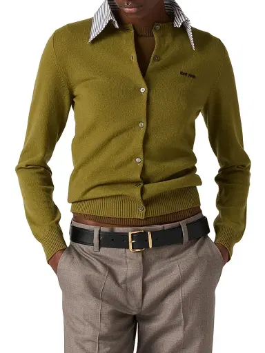 Miu Miu Women's Cashmere Cardigan with Collar - Green | Thumbnail 2