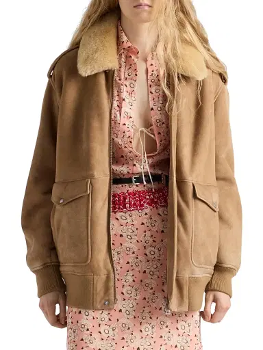 Prada Women's Shearling Bomber Jacket - Beige Multi - Size 8 | Thumbnail 2