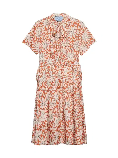 Prada Women's Printed Pleated Pongé Dress - Orange - Size 4 | Thumbnail 1 Prada Women's Printed Pleated Pongé Dress - Orange - Size 4 | Thumbnail 1