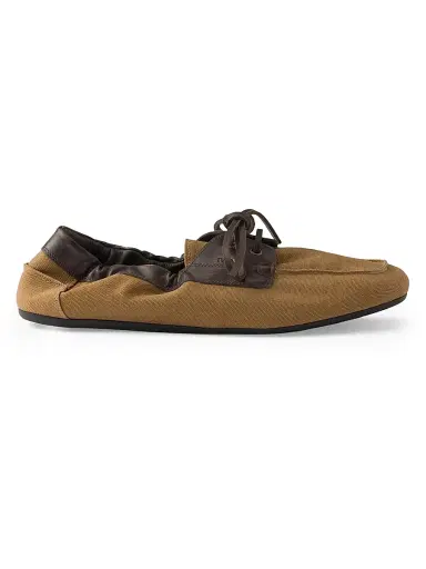 Prada Men's Shuffle Aged Canvas and Leather Boat Shoes - Brown - Size 12 | Thumbnail 1