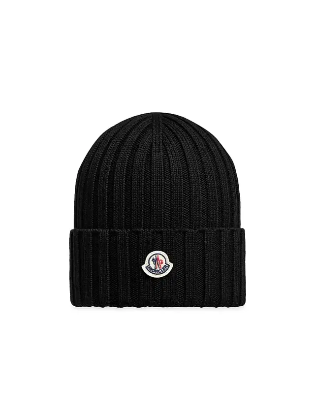 Moncler Women's Wool Ribbed Knit Logo Beanie - Black