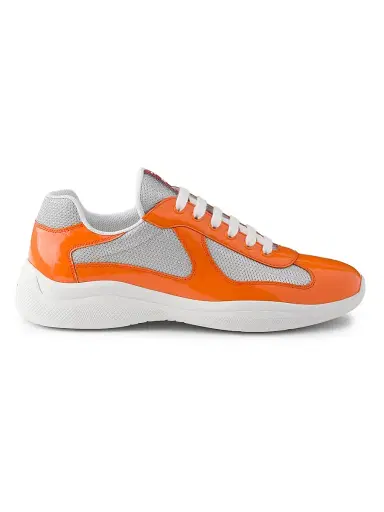 Prada Men's Patent Leather and Technical Fabric America's Cup Sneakers - Orange White | Thumbnail 1 Prada Men's Patent Leather and Technical Fabric America's Cup Sneakers - Orange White | Thumbnail 1