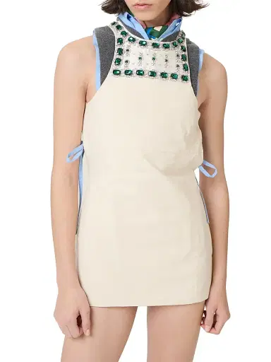 Miu Miu Women's Embellished Canvas Apron Dress - Beige Khaki | Thumbnail 2 Miu Miu Women's Embellished Canvas Apron Dress - Beige Khaki | Thumbnail 2