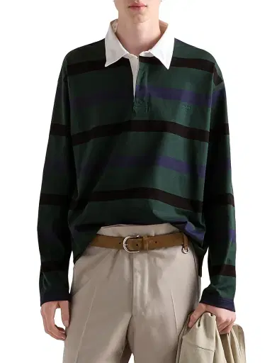 Prada Men's Long-Sleeved Cotton Polo Shirt - Green - Size Medium | Thumbnail 2