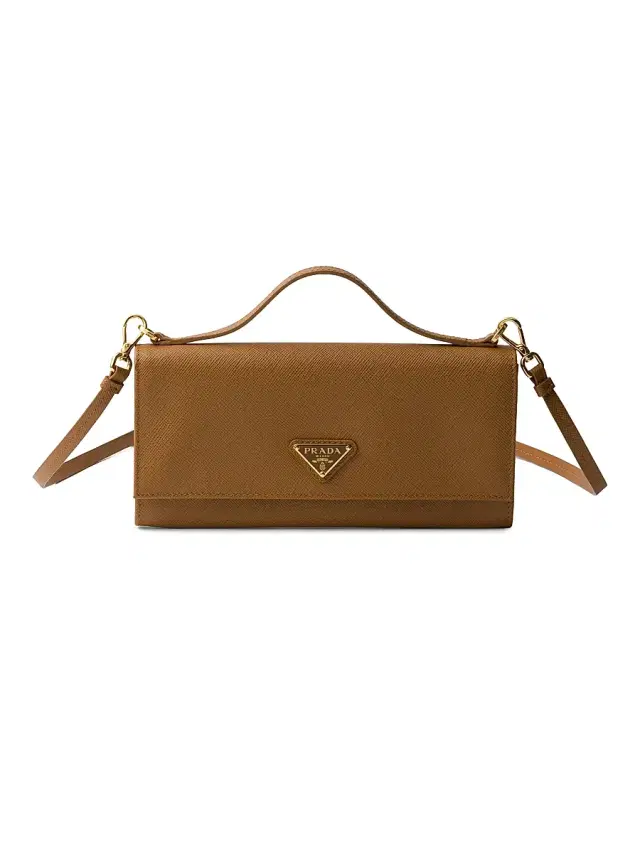 Women's Saffiano Leather Wallet with Shoulder Strap - Brown