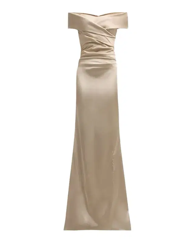 Rickie Freeman for Teri Jon Pleated Off-Shoulder Satin Column Gown