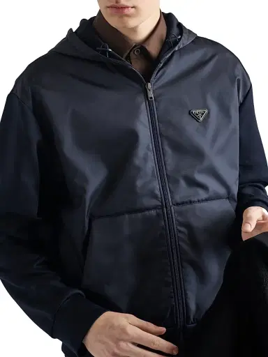 Prada Men's Technical Cotton and Re-Nylon Hoodie - Blue | Thumbnail 4 Prada Men's Technical Cotton and Re-Nylon Hoodie - Blue | Thumbnail 4