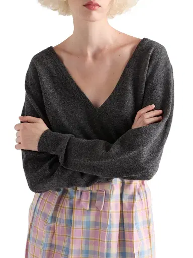 Prada Women's V-Neck Wool Sweater - Grey | Thumbnail 3 Prada Women's V-Neck Wool Sweater - Grey | Thumbnail 3