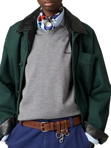 Miu Miu Women's Single-Breasted Garment-Dyed Gabardine and Leather Jacket - Green - Size 2 | Thumbnail 6