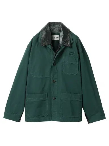 Miu Miu Women's Single-Breasted Garment-Dyed Gabardine and Leather Jacket - Green - Size 2 | Thumbnail 1