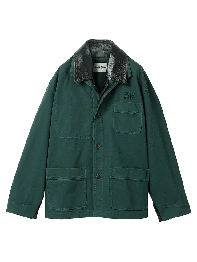Miu Miu Women's Single-Breasted Garment-Dyed Gabardine and Leather Jacket - Green