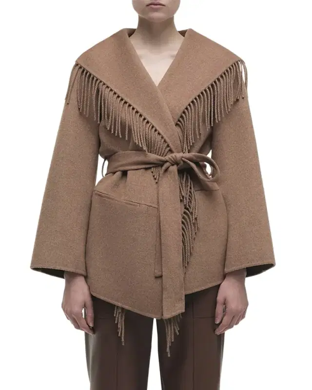 SIMKHAI Rowen Fringe Belted Wool-Blend Jacket