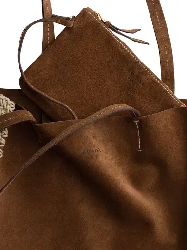 Prada Women's Large Suede and Crochet Tote Bag - Dark Brown | Thumbnail 4 Prada Women's Large Suede and Crochet Tote Bag - Dark Brown | Thumbnail 4
