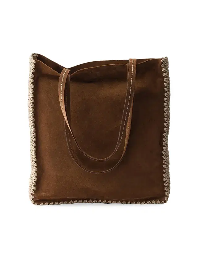Women's  Suede and Crochet Tote Bag - Dark Brown